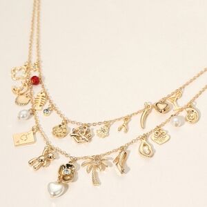 Gold Pretzel Hamsa Beaded Multi Charm Pendant Layered Station Pearl Necklace
